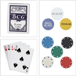 Relaxdays Pokerkoffer 200 Chips Ohne Wert, Metallbox, 2 Decks, Dealer Button, Pokermatte 18