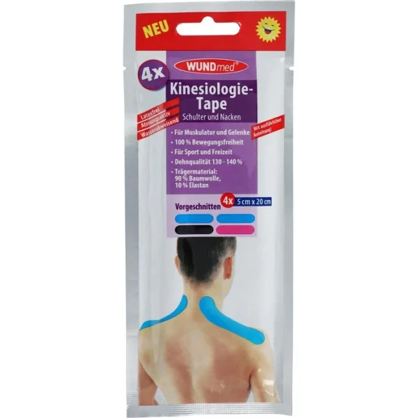 WUNDmed Kinesio-Tape Schulter Und Nacken, 4 Stück, 20 X 5 Cm, Wasserfest, Elastisch, Farbig Sortiert 1