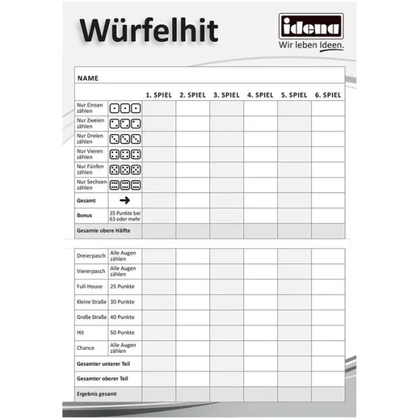 Idena Würfelspiel 40171 Würfelhit-Blöcke, Ab 8 Jahre, 2-8 Spieler, 170 Blatt, A5 3