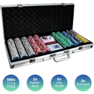 Eaxus Pokerkoffer 92110, 500 Chips, Aluminium-Koffer, 2 Decks, Dealer Button, Würfel 11